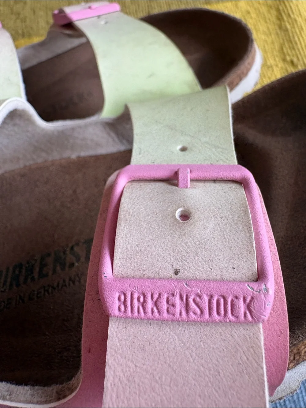 Birkenstock Kids Two-Strap Sandals in Pink and Light Green